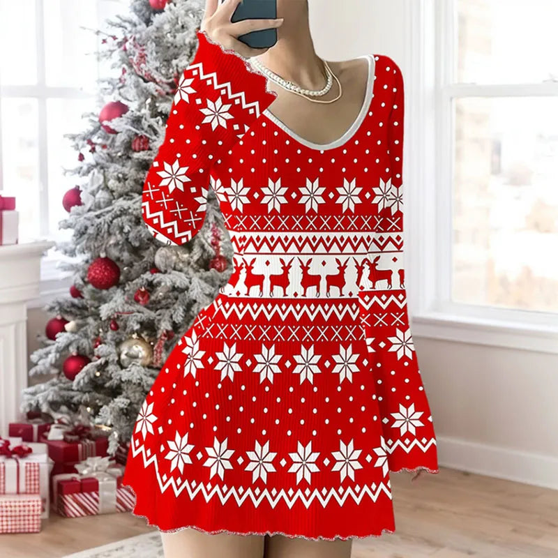 Christmas Dress Women Snowman Snowflake Print Elegant Party Dresses Fall New V Neck Flare Long Sleeve Mini Dress Female Clothing