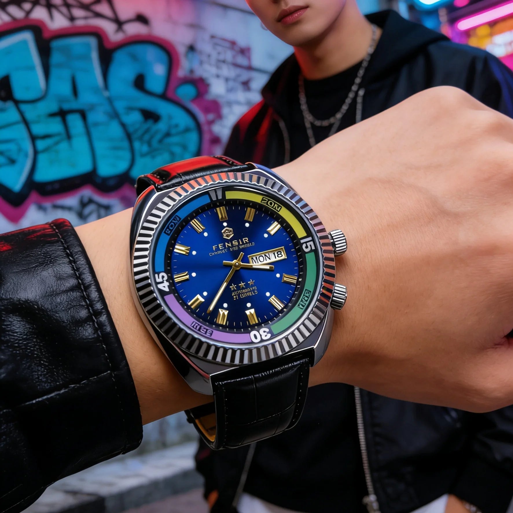 Men's Quartz Watch - Stainless Steel Case, Rainbow Color Case, Date and Day Display, Black Leather Strap, Luminous Watch, Waterproof Sports Watch, Street Fashion Hip-Hop Style Men's Watch, Ideal Gift for Boyfriend, Husband, Y