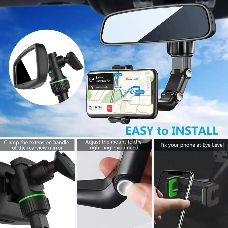 Earview Mirror Phone Holder, 360° Rotatable Retractable Car Phone Mount, Multifunctional Rear View Mirror Holder for Phones