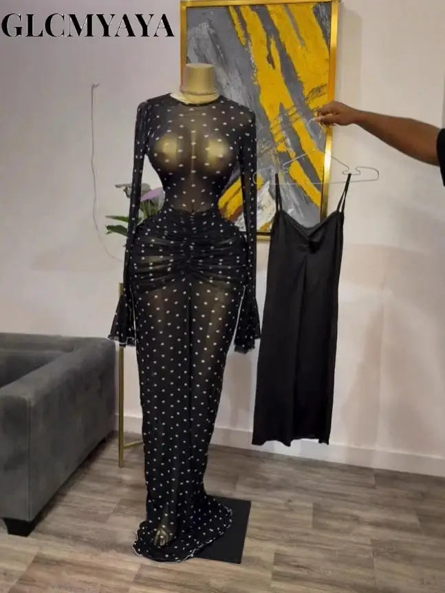 CM.YAYA 2025 Fall Women Long Sleeve Stacked Mesh See Though with Lining Bodycon Long Dress Evening Birthday Sexy Party Dresses