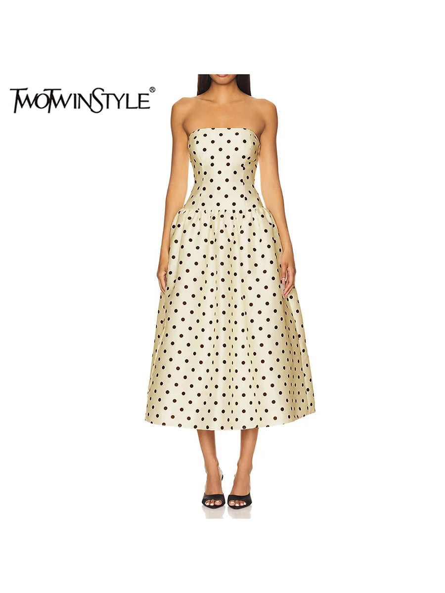 TWOTWINSTYLE Solid Slimming Spliced Wave Point Elegant Dresses For Women Square Neck Sleeveless High Waist Dress Female Clothes