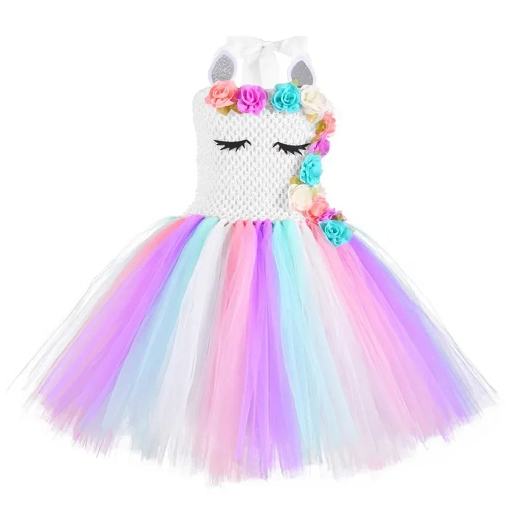 Rainbow Unicorn Dress with Flower Angel Wings Party Dress Princess Costume Cosplay Pony Ball Gown Baby Kids Dresses for Girls