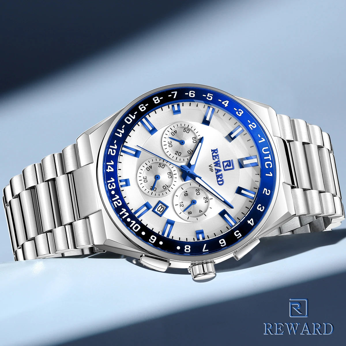 2026 REWARD Silvery White Quartz Watches for Men Luminous Hands Business Watches Stainlesss Steel Strap with Box
