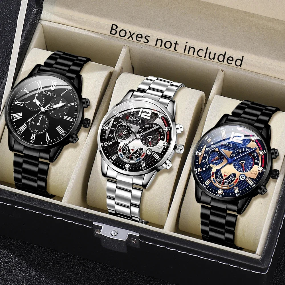 3PCS Watch set, men's high-end glass quartz watch, steel strap, men's watch
