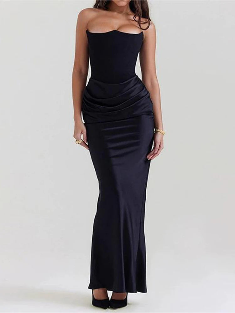 Sexy Strapless Lace Patch Dress Women's Sleeveless Backless Hollow Out Slim Fit Satin Long Dresses 2026 Lady Event Evening Robe