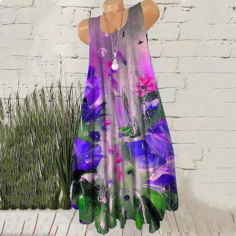 Hand-Painted 3D Print Women Fashion Mini Dresses Sleeveless Summer Loose Casual Short Dress Oversized Round-Neck Female Dress