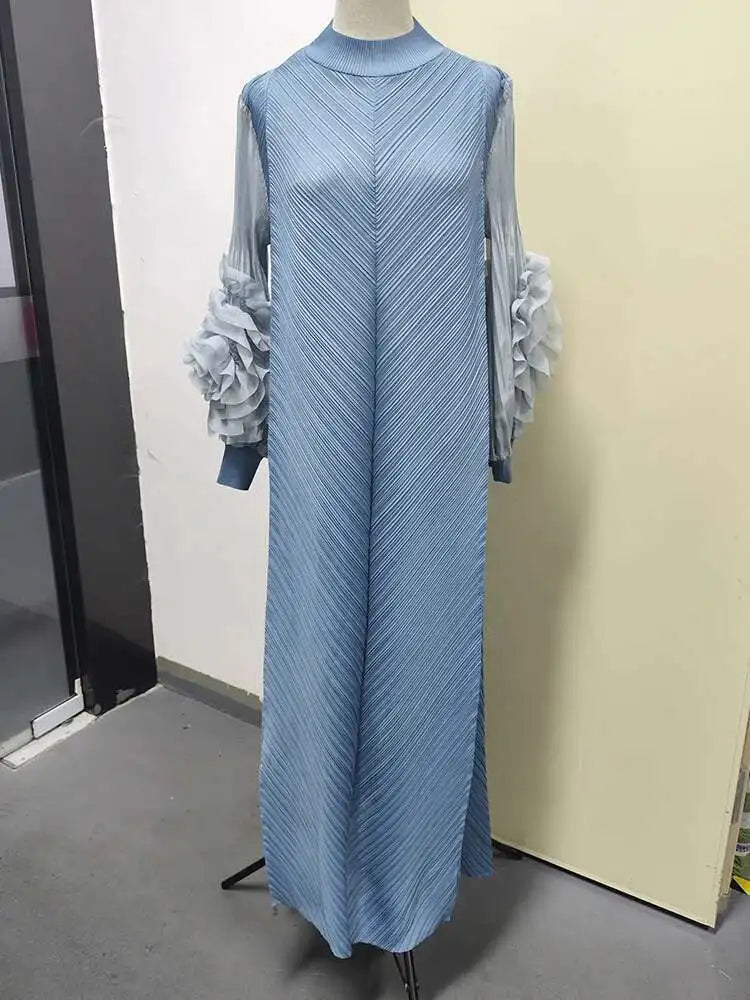 LANMREM Maxi Pleated Dress Round Neck Spliced Fungus Full Sleeve Dresses For Women 2025 New Spring Clothing 2Qa1331