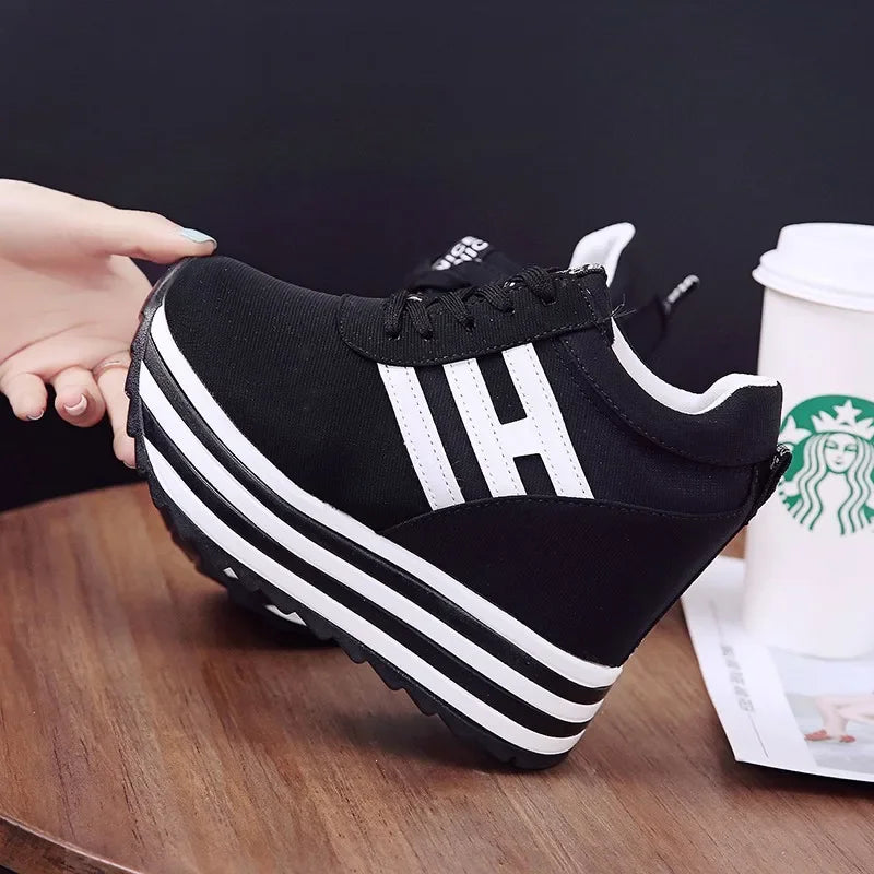 Women Sneakers Fashion Women 10CM Height Increasing Breathable Lace-Up Wedges Sneakers Platform Shoes Canvas Woman Casual Shoes