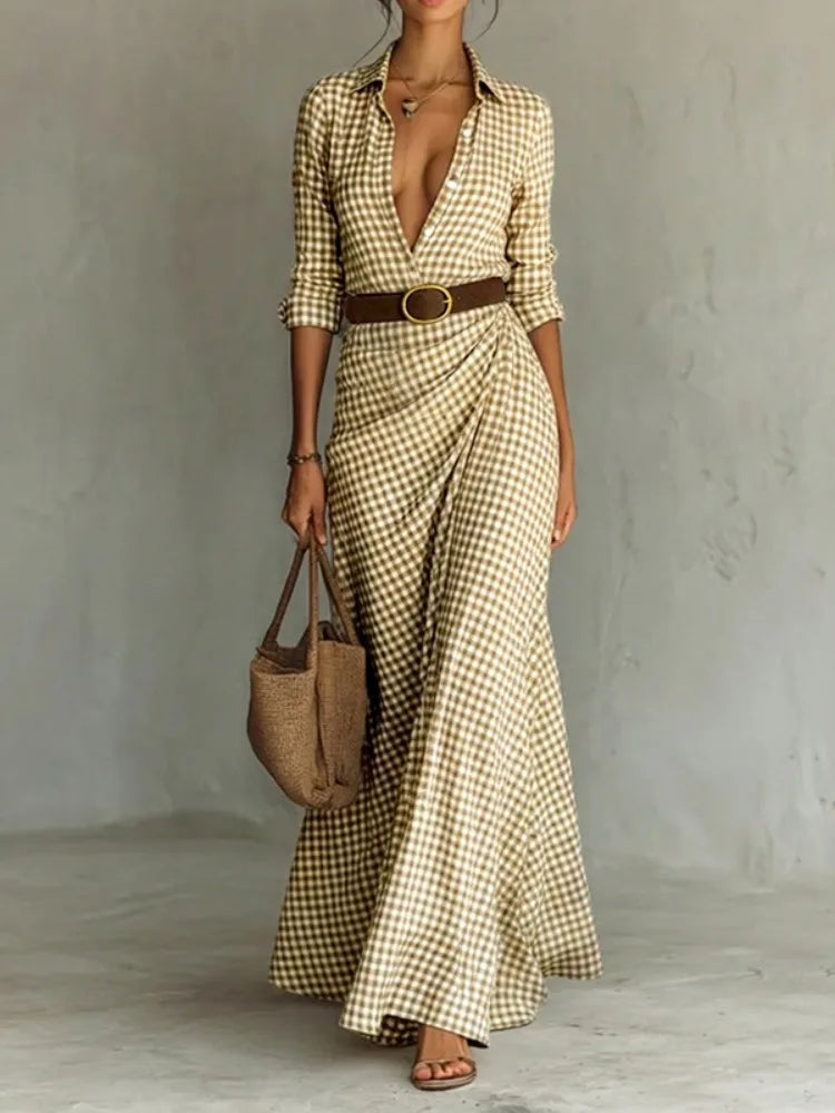 Yeezzi Women's Elegant Gingham Belted Lapel Shirt Dress Long Sleeves Buttoned Urban Casual Office Work Maxi Dresses 2026 New