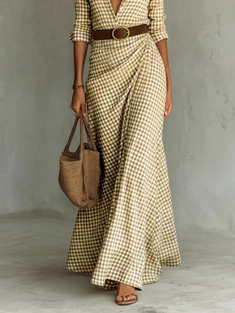 Yeezzi Women's Elegant Gingham Belted Lapel Shirt Dress Long Sleeves Buttoned Urban Casual Office Work Maxi Dresses 2026 New