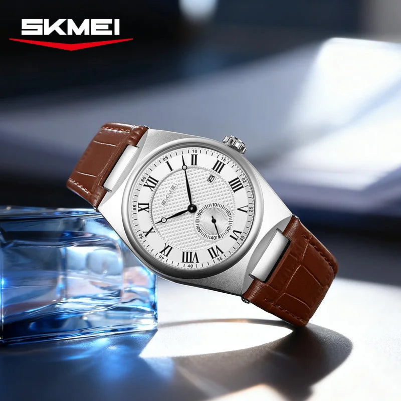 SKMEI 9390 Elegant Men's Quartz Watch Roman Scale Calendar Waterproof Leather Strap Casual Business Watches for Man reloj hombre