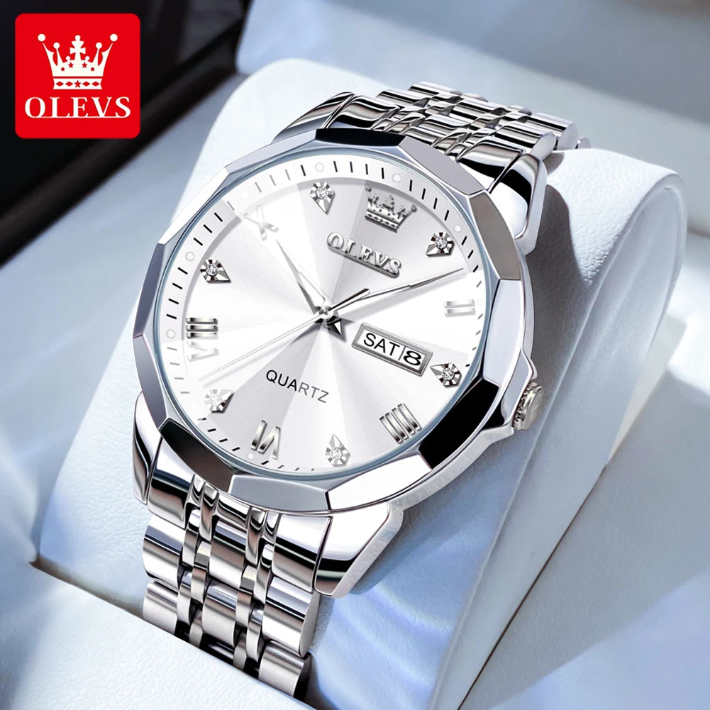 OLEVS Men Watches Smart Casual Top Brand Stainless Steel Original Quartz Wristwatch Rhombus Mirror Waterproof Date Week Luminous