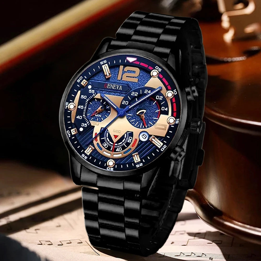 3PCS Watch set, men's high-end glass quartz watch, steel strap, men's watch