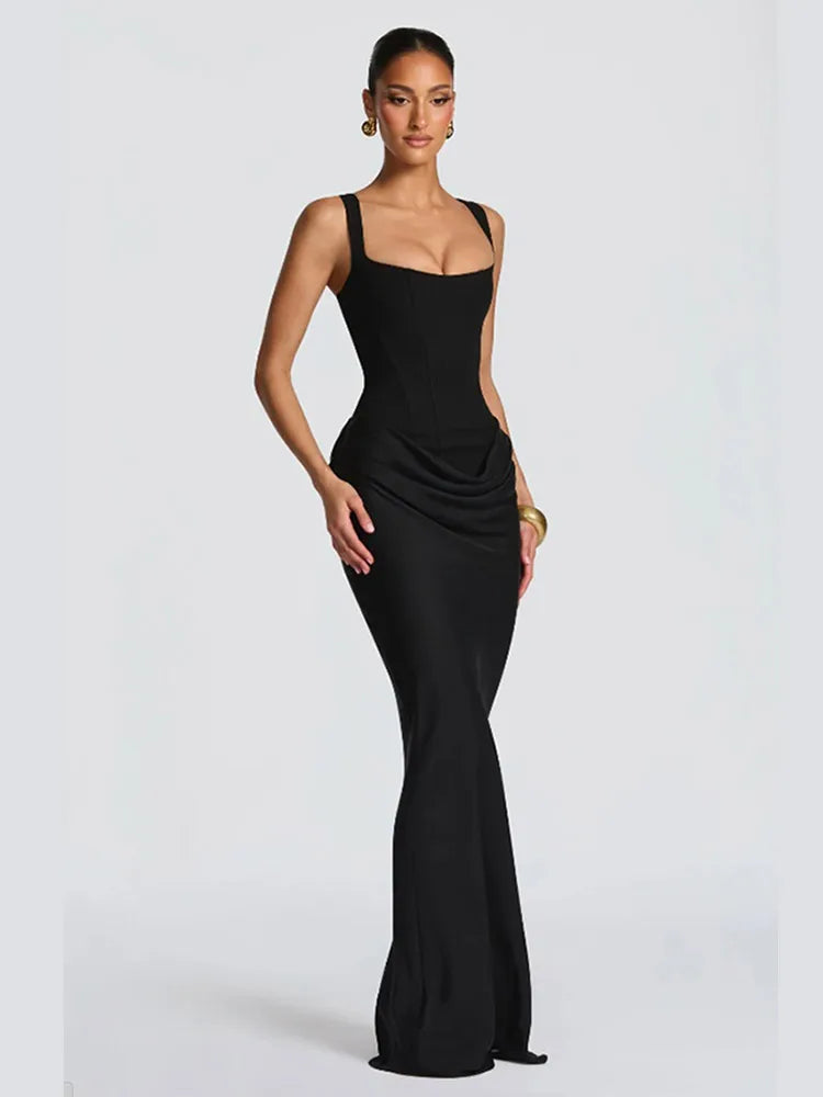 Brown Sexy Pleated Mini Dress Women Fashion Square-neck Sleeveless Bodycon Backless High Waist Dresses New Lady Party Club Robe