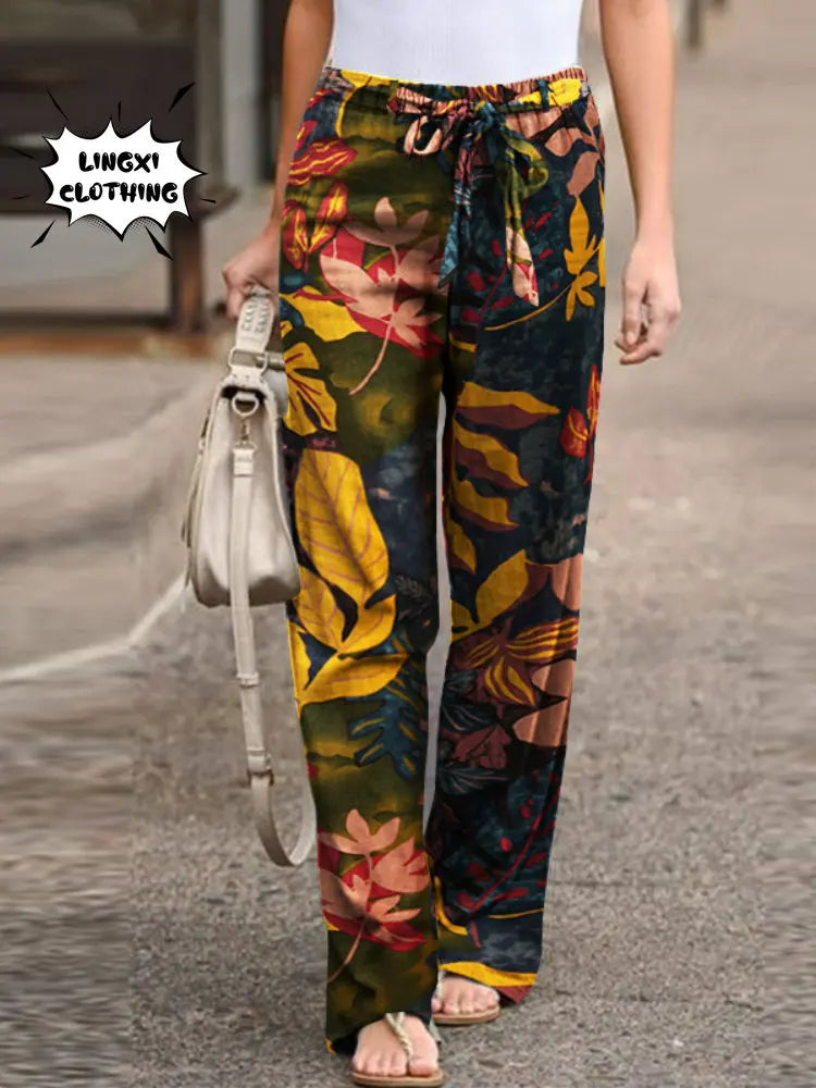 2023 New Summer Fashion Casual Simple Comfortable Elastic Waist Cotton Hemp Large Size Printed High Waist Wide Leg Pants