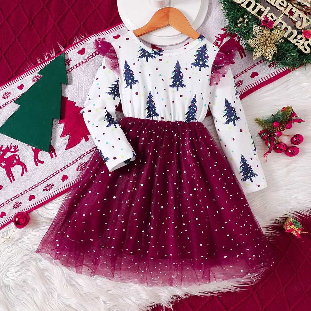 4-7Y Kids Christmas Dresses For Girls Bow Green Xmas Tree Hoodies Dress For New Year Kids Girl Evening Dress Festival Clothing