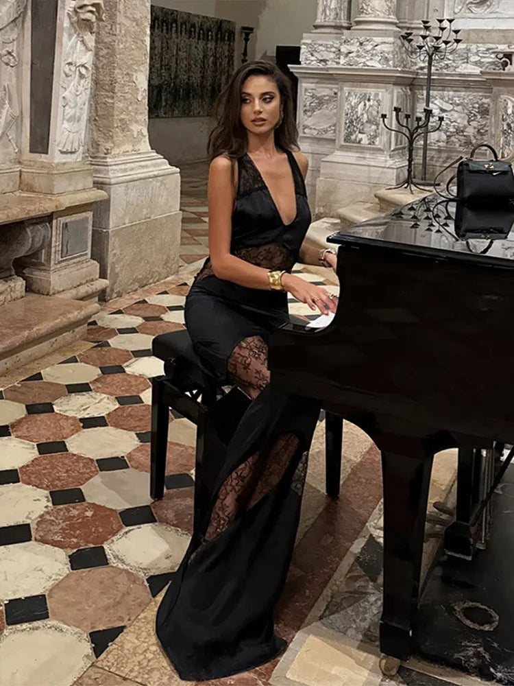 Sexy Backless Party Dress Women Patchwork Lace Sleeveless Halter Maxi Female Dresses 2025 V-neck Slim Hip Package Lady Robes