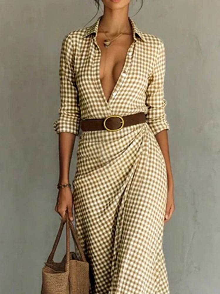 Yeezzi Women's Elegant Gingham Belted Lapel Shirt Dress Long Sleeves Buttoned Urban Casual Office Work Maxi Dresses 2026 New