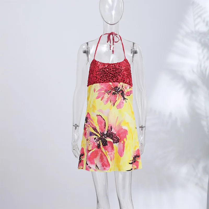 Sexy Print Sequined Mini Dress Women Party Sleeveless Backless Halter Slim Female Dresses 2026 Spring Summer Elegant Lady Robe