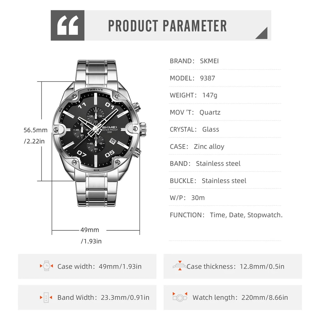SKMEI 9387 Quartz Wristwatch Luxury Men Women Business Watch Fashion Timer 3 Bar Waterproof Sports Clock Date Countdown Display