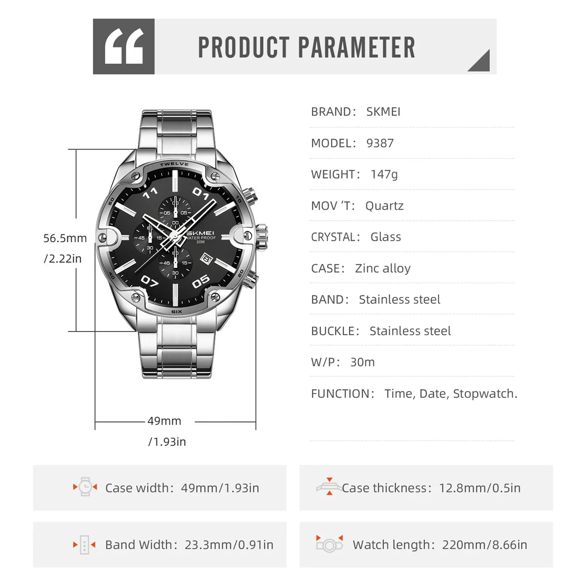 SKMEI 9387 Quartz Wristwatch Luxury Men Women Business Watch Fashion Timer 3 Bar Waterproof Sports Clock Date Countdown Display