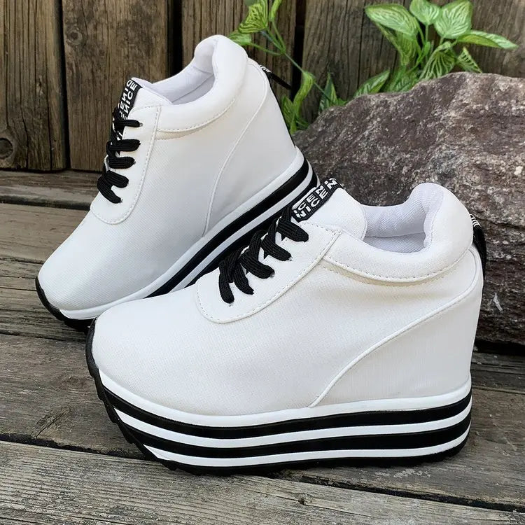 Women Sneakers Fashion Women 10CM Height Increasing Breathable Lace-Up Wedges Sneakers Platform Shoes Canvas Woman Casual Shoes