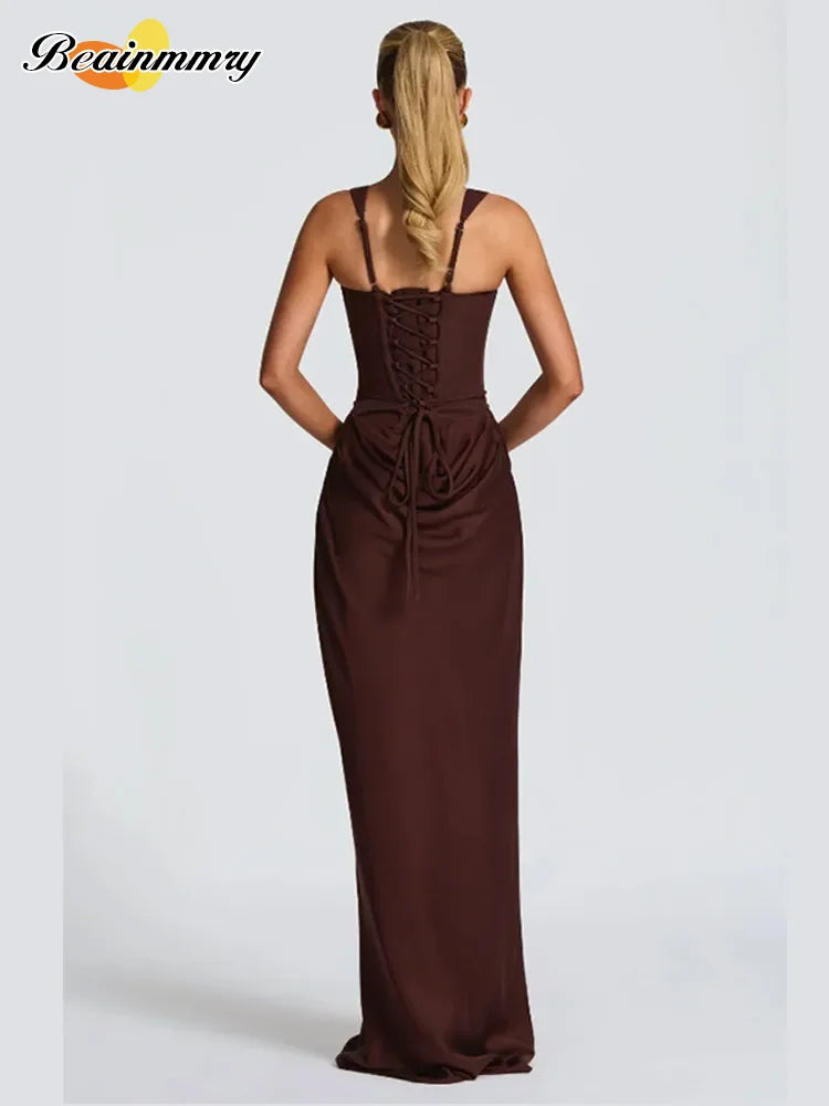 Brown Sexy Pleated Mini Dress Women Fashion Square-neck Sleeveless Bodycon Backless High Waist Dresses New Lady Party Club Robe