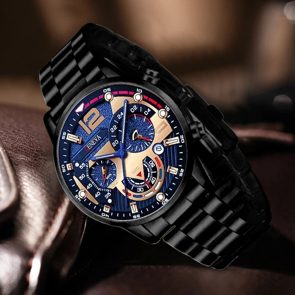 3PCS Watch set, men's high-end glass quartz watch, steel strap, men's watch