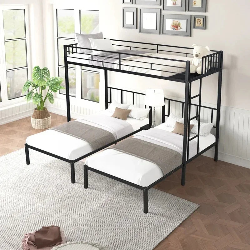 Triple Bunk Bed with Vent Board, Sturdy Metal Frame, Noise-Free Wood Slats, Separatable into three beds, No Box Spring Needed