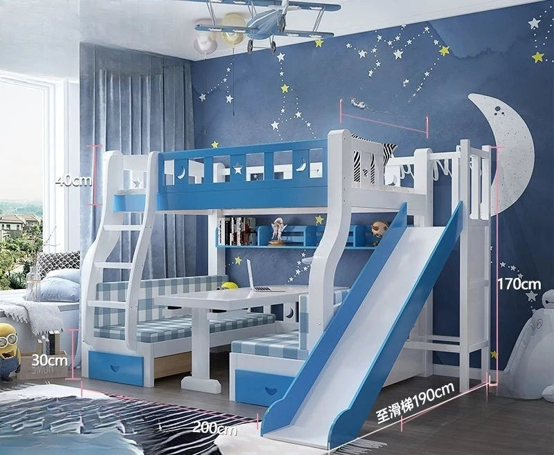 Solid Wood Bunk Beds for Children Bunk Beds with Desk Slides Wooden Beds for Children Raised Cribs with Mattresses سرير أطفال