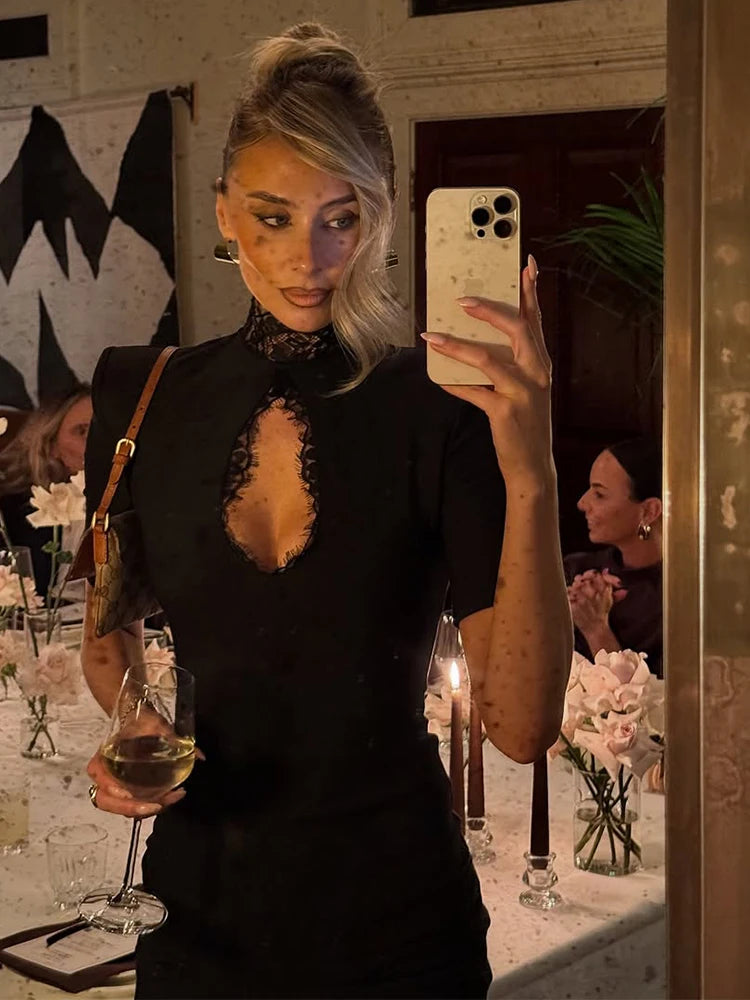 Women Black Hollow Out Mini Dress Fashion Short Sleeve Lace Patchwork High Collar Waist Cinching Dresses Lady Evening Party Gown