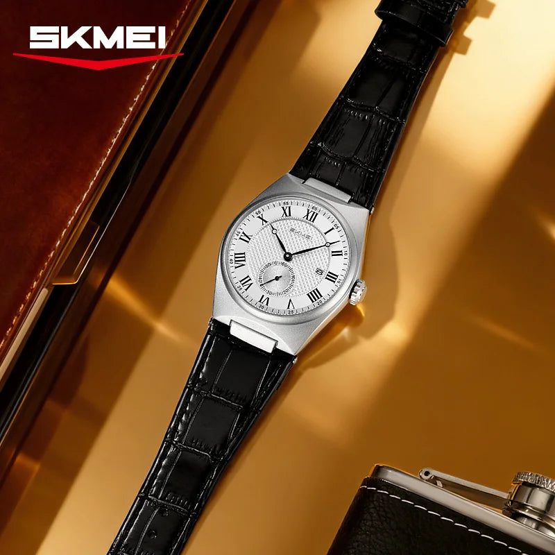 SKMEI 9390 Elegant Men's Quartz Watch Roman Scale Calendar Waterproof Leather Strap Casual Business Watches for Man reloj hombre