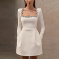 Velvet Square Collar Beading Long Sleeve Dress Women High Waist Slim A-line Party Dresses 2025 Lady Christmas Evening Gowns New