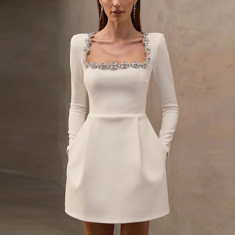 Velvet Square Collar Beading Long Sleeve Dress Women High Waist Slim A-line Party Dresses 2025 Lady Christmas Evening Gowns New