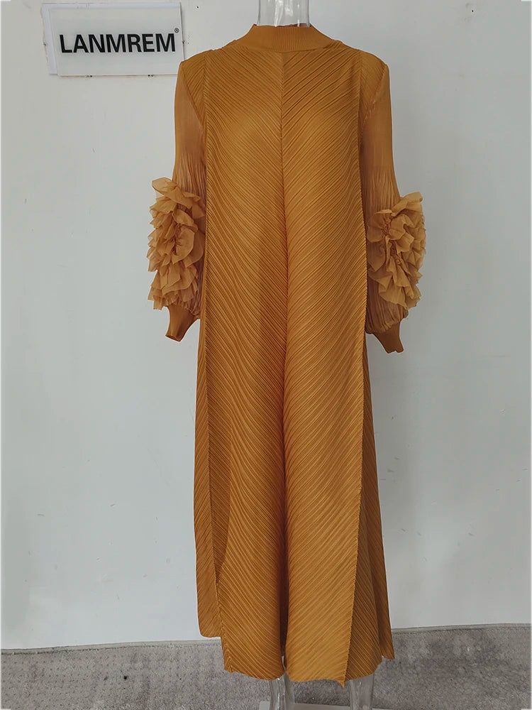 LANMREM Maxi Pleated Dress Round Neck Spliced Fungus Full Sleeve Dresses For Women 2025 New Spring Clothing 2Qa1331