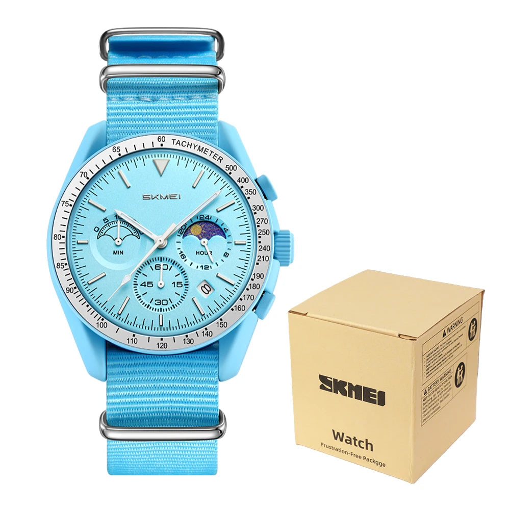SKMEI 9392 Men’s Fashion Quartz Wristwatch 30M Waterproof Chronograph Timer Moon Sun Pattern Adjusted Design Countdown Timer