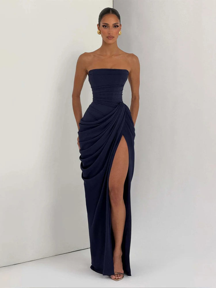 Women Yellow Elegant Strapless Pleated Dress Sexy Sleeveless Waist Cinching Split Maxi Gowns 2026 Lady New Evening Party Dresses