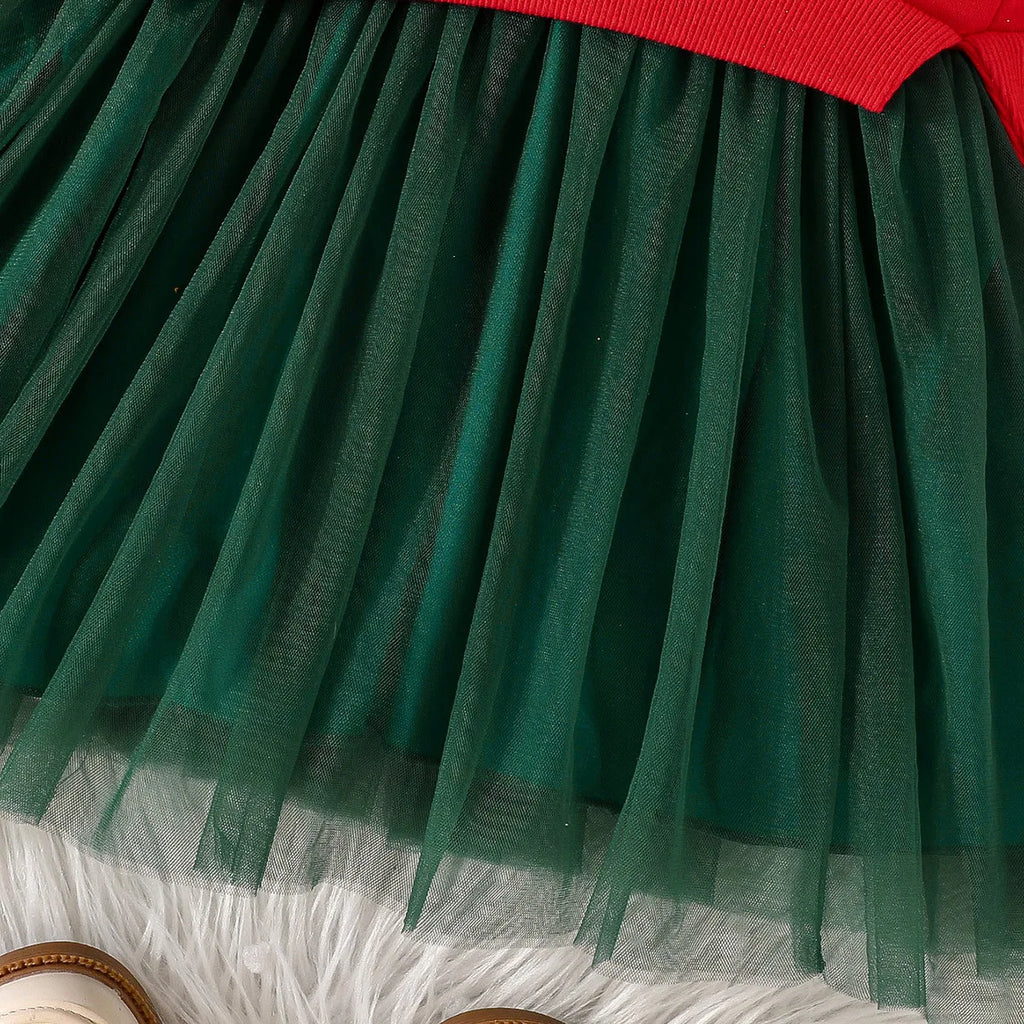 4-7Y Kids Christmas Dresses For Girls Bow Green Xmas Tree Hoodies Dress For New Year Kids Girl Evening Dress Festival Clothing