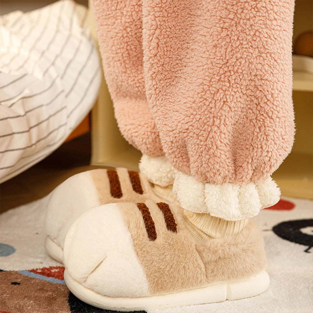 3D Cat Paw Plush Slippers Warm Slip-on House Shoes Anti Slip Flat Thermal Slippers Furry Paw Couple Slippers for Autumn Winter