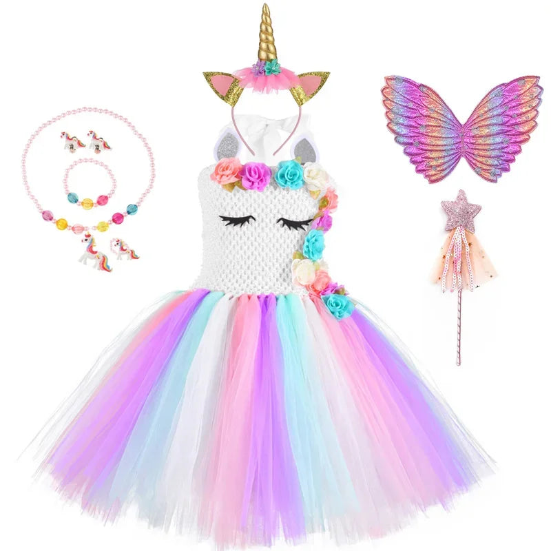 Rainbow Unicorn Dress with Flower Angel Wings Party Dress Princess Costume Cosplay Pony Ball Gown Baby Kids Dresses for Girls