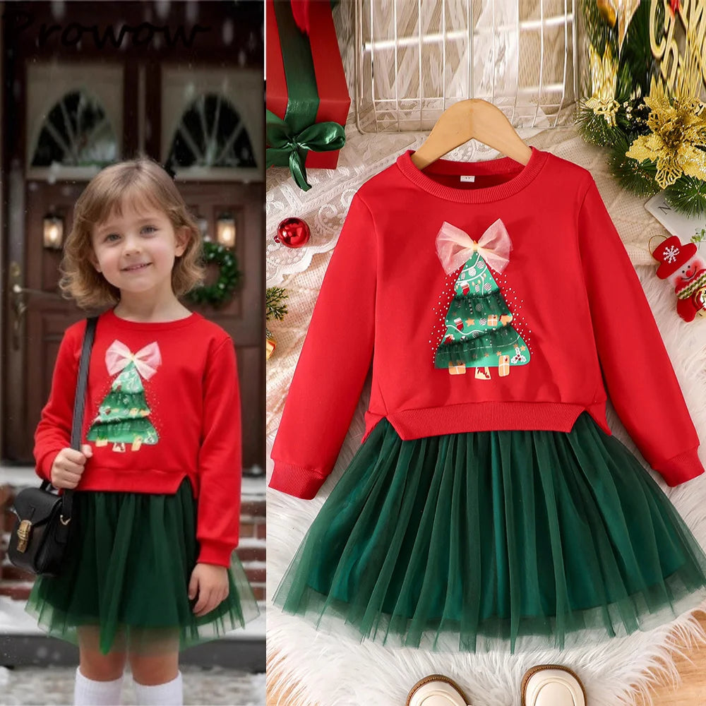 4-7Y Kids Christmas Dresses For Girls Bow Green Xmas Tree Hoodies Dress For New Year Kids Girl Evening Dress Festival Clothing