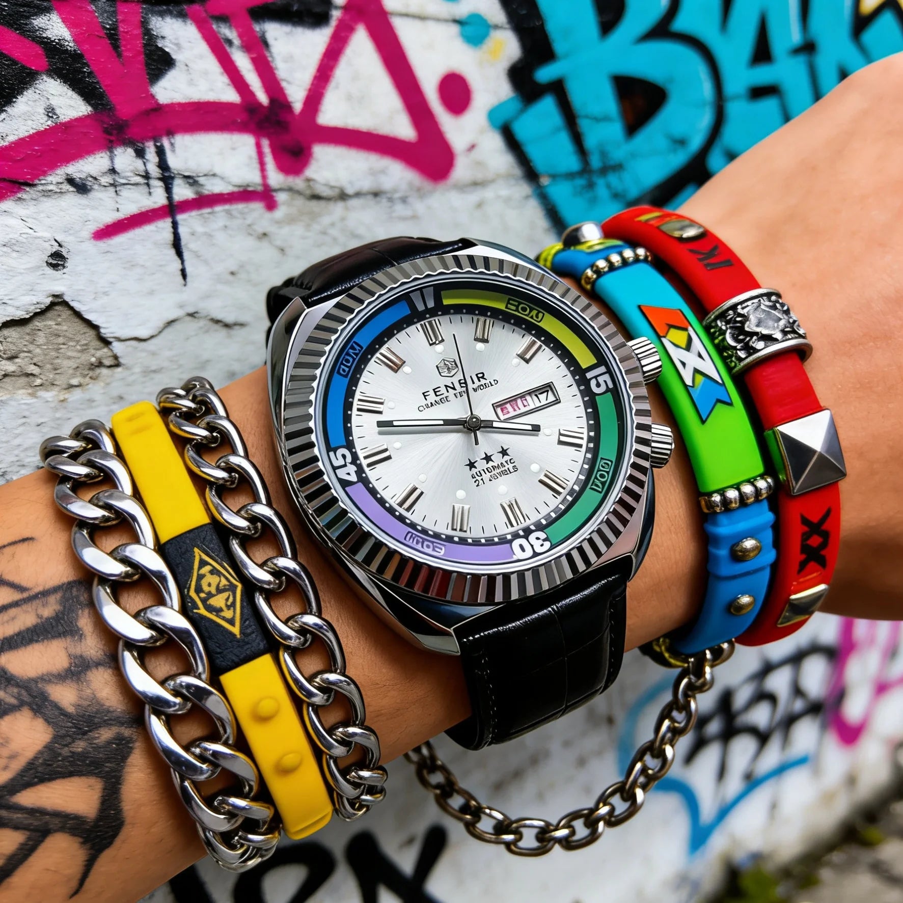 Men's Quartz Watch - Stainless Steel Case, Rainbow Color Case, Date and Day Display, Black Leather Strap, Luminous Watch, Waterproof Sports Watch, Street Fashion Hip-Hop Style Men's Watch, Ideal Gift for Boyfriend, Husband, Y