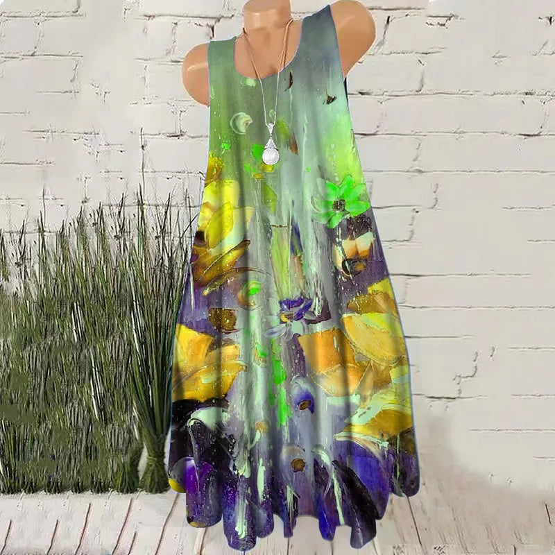 Hand-Painted 3D Print Women Fashion Mini Dresses Sleeveless Summer Loose Casual Short Dress Oversized Round-Neck Female Dress