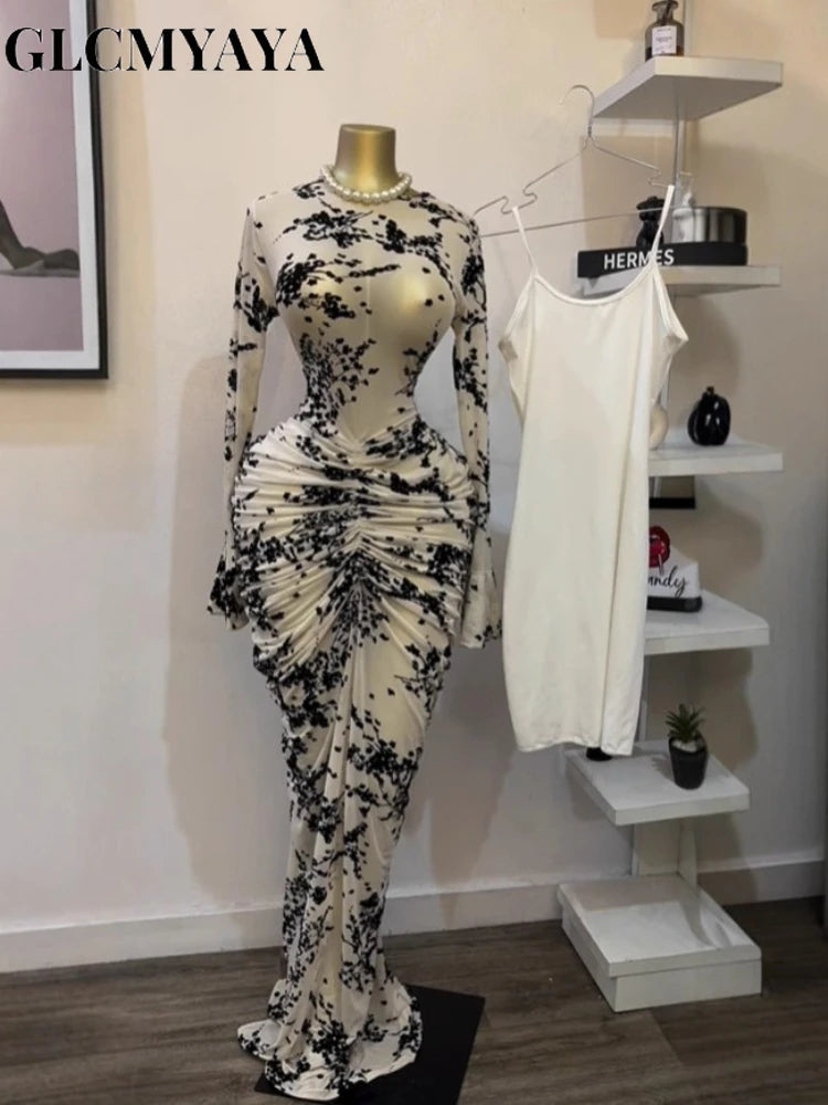 CM.YAYA 2025 Fall Women Long Sleeve Stacked Mesh See Though with Lining Bodycon Long Dress Evening Birthday Sexy Party Dresses