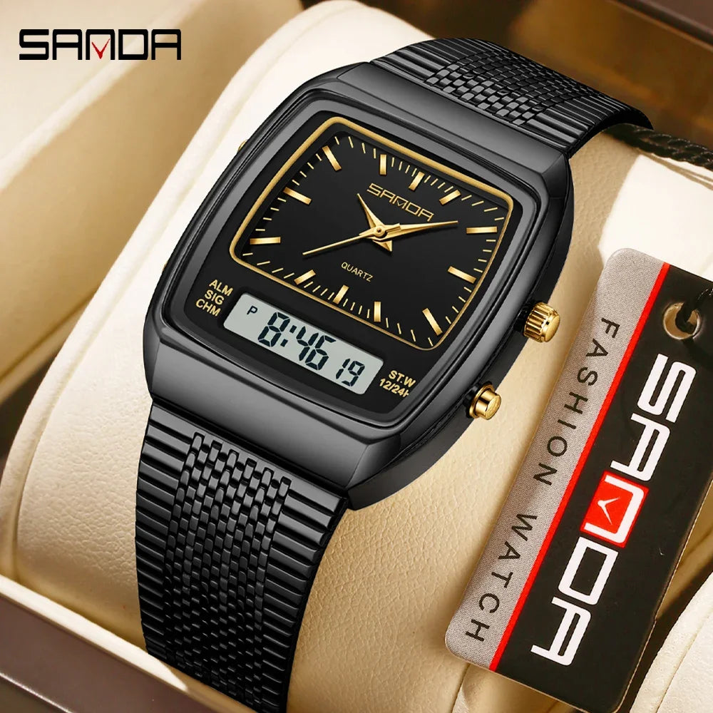SANDA Watches Men Waterproof Analog Digital Quartz Wristwatches Male Stainless Stopwatch Alarm Clock Man Watch