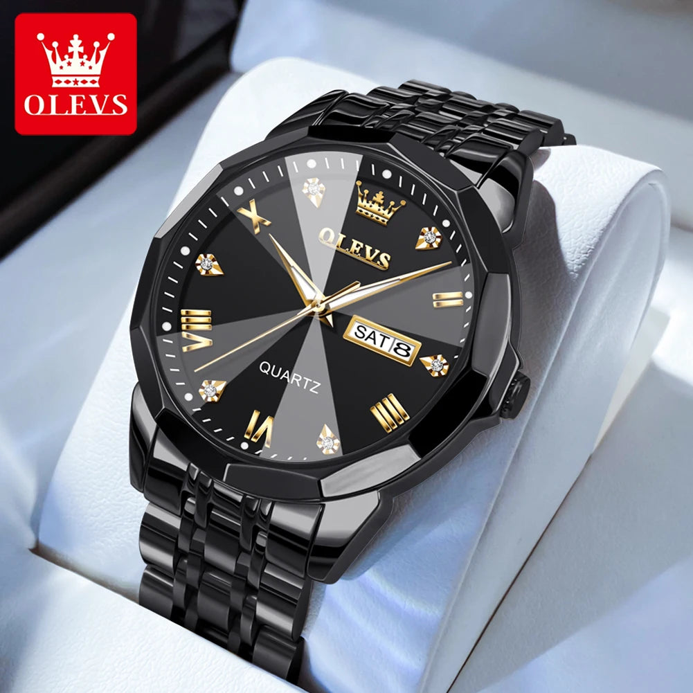 OLEVS Men Watches Smart Casual Top Brand Stainless Steel Original Quartz Wristwatch Rhombus Mirror Waterproof Date Week Luminous
