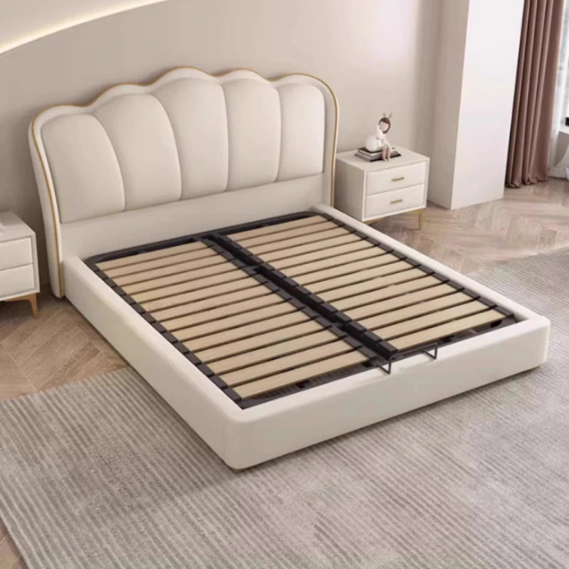 Modern Minimalist Beds Queen Upholstered Cream White Beds Double Wooden Cama Inteligente Multifuncional House Accessories