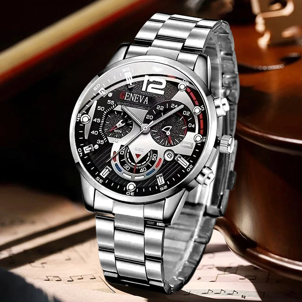 3PCS Watch set, men's high-end glass quartz watch, steel strap, men's watch