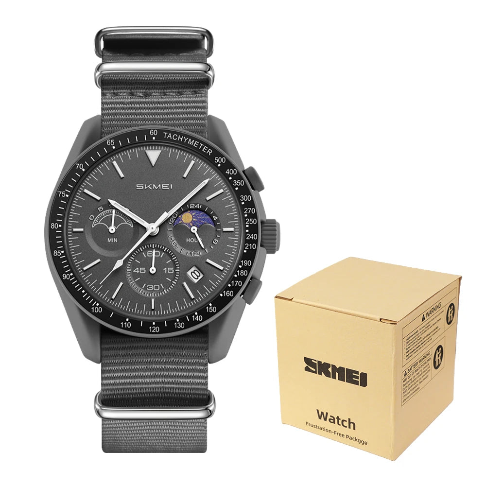 SKMEI 9392 Men’s Fashion Quartz Wristwatch 30M Waterproof Chronograph Timer Moon Sun Pattern Adjusted Design Countdown Timer