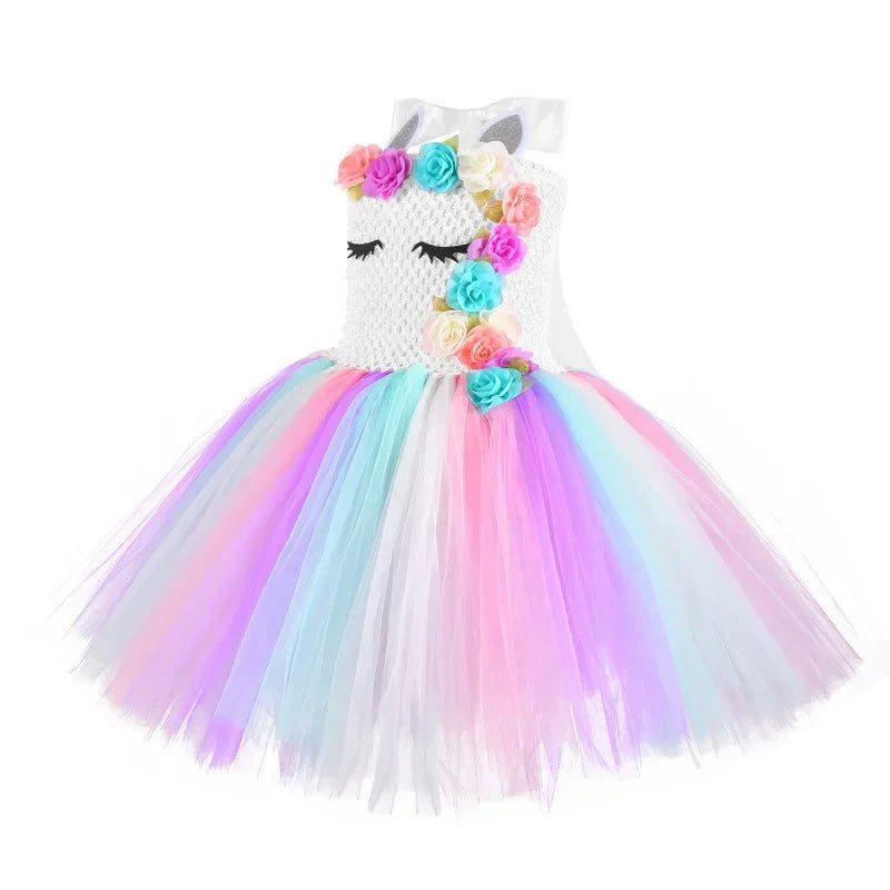 Rainbow Unicorn Dress with Flower Angel Wings Party Dress Princess Costume Cosplay Pony Ball Gown Baby Kids Dresses for Girls
